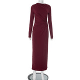 Plataz Women's Pure Color Waist Shrink Folding Long Sleeves Elegant Long Dress DJPT