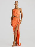 Plataz Irregular Shoulder Wrinkled Chest Skirt Woman 2025 Summer New Sexy Bare-Backed Rope Open Fork Dress HZ0628