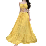 Plataz Seaside Resort Style Sexy Folded Blouse Blouse Swing Half-Dressed Two-Piece Suit Woman