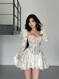 Plataz Spring And Summer Vietnam Design Sense Niche Fairy-Collar Sexy Wrapped Brat Horn Sleeves To Close The Waist Folded Lace Dress
