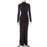 Plataz Solid Color High-Collar Long Sleeves Creded High-Waisted Dress DJPT