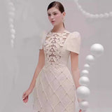 Plataz 2025 Summer Three-Dimensional Floral Pattern Splicing Lattice Dress Single Row Pearl Buckle Skirt