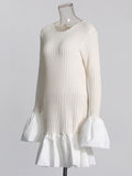 Plataz Summer New Temperament Retro Style Wind Wind Collar Lotus Side Splicing Horn Sleeve Knitted Dress Woman