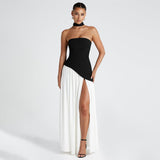 Plataz 2025 New Solid Color Sleeveless Chest Open-Back Splicing Dress
