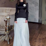 Plataz Women's Autumn Half-High Collared Velvet Decorated High-Waist Temperament Splicing Skirt