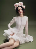 Plataz A-Word Puffed Dress Vietnamese Niche Autumn Collared Horn Sleeves Single-Clip-Enveheded Butbum Skirt Skirt