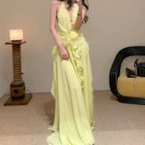 Plataz Sleeveless V-Necked Neck Dress With Wooden Ears Exposed Back Long Dress Beach Beach Seaside Holiday Dress