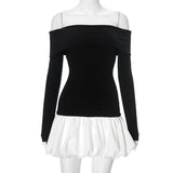 Plataz Women's New Word Collar Shoulder Long Sleeve Splicing Floral Skirt DJPT