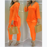 Plataz Explosion Color New Plain Horn Sleeve V Collar Top And Trousers Fashion Lady Set DJPT