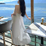 Plataz Beach Dress Seaside Tourism Vacation Chiffon Long Dress Folded Loose Sleeveless Slings Dress Dress Woman