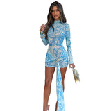 Plataz Women's Long-Sleeved Color Print Tight-Up With A Small Dress With A Short Dress DJPT