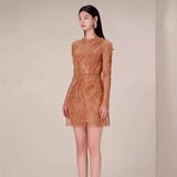 Plataz And Summer Lace Dress Long-Sleeved Three-Dimensional Petals Curry Short Skirt