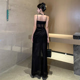 Plataz Black Sling Dress Woman Summer Niche High-Sensance Hottie Open Fork Long Skirt