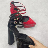 Plataz Show Buckle With Thick Heel Tip Hollow Patent Leather Sandals Ultra-High Heel Waterproof Table Hates Sky High Show Heel Shoes High Quality Shoes