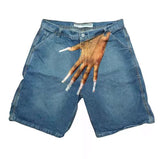 Plataz Hip-Hop Trend Pattern Print Denim Shorts Men's High Street Trendy Couple Casual Five-Point Pants DJPT