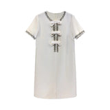 Plataz Diamond Drill Skirt 2025 Summer New Round Neck Short Sleeves Solid Color Waist Dress Dress Woman