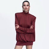 Plataz Women's Autumn And Winter High-Collar Pad Shoulders Loose Multi-Fold Sexy Back Short Skirt DJPT