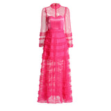 Plataz Elegant High-End Dress Women's New Spring 2025 Round Lace Splicing Perspective Mesh Yarn Cake Dress