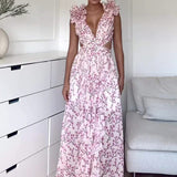 Plataz New Fashion Casual Home Sexy Printing Tie With Waist Folded Dress Woman