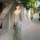 Plataz Sling Dress Women's Summer Mesh Printing Temperament Is Skinny Seaside Holiday Dress Dress