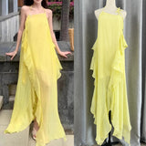 Plataz New Lotus Leaf Side Collar Hanging Neck-Loan Dress Seaside Holiday Atmosphere Dress