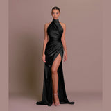 Plataz Summer New Temperament Collar Dress Hanging Neck Sleeveless Open Fork Thin Dress Dress Dress DJPT