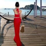 Plataz Style Sexy Hottie Suit Female V-Neck Hanging Neck Sling Vest High-Waisted Long Skirt Two Sets