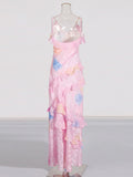 Plataz Colored Sling Skirt 2025 Summer New Fashion V-Neck Sleeveless Print Lotus Leaf-Side Dress Woman