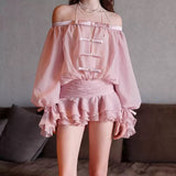 Plataz Spring And Summer New French Pure Desire Shoulder Bow Tective Chest Long Sleeve Fluffy Trouser Skirt