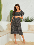 Plataz 2025 New Summer Pregnant Woman Chiffon Dress Small Broken Floral Dress Short Sleeve Long Dress Maternity