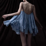 Plataz New Sweet Holiday Wind Blue Sling Skirt Summer Lotus Leaf Side-Dew Short Skirt