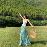 Plataz Holiday Style Suit French Rope Smear Vest Top Woman Summer Blue Floral Half Dress Two Sets