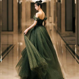 Plataz Evening Dress 2025 Summer New Green One-Word Shoulder Fairy Masturity Host Dress