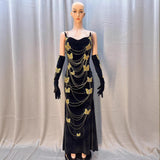 Plataz Body Golden Butterfly A Diamond Chain Dress Sexy Breast Repair Velvet Party Dress