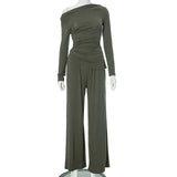 Plataz Women Solid Color Collar Shrink Fold Irregular Top Hanging Trousers Set DJPT
