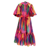 Plataz And Leisure Holiday Dress 2025 Summer New Loose Print Bubble Sleeve Tie Waist Dress