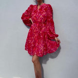 Plataz V-Neck Print Lantern Sleeve Chiffon High-Waisted Dress In Autumn 2024