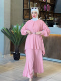 Plataz Muslim Autumn Comfortable Casual And Comfortable Waist-Waisted Bat Shirt Long-Sleeved Solid-Color Set