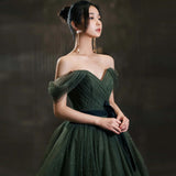 Plataz Evening Dress 2025 Summer New Green One-Word Shoulder Fairy Masturity Host Dress