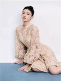 Plataz Autumn And Winter Australian Trendy Brand Lin Yuner Star Of The Same Retro Hollow Lace Lantern Sleeve Dress