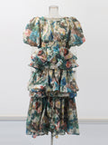 Plataz Retro Court Dress 2025 Summer New Multi-Layer Lotus Side Bubble Sleeve Print Dress Dress Woman