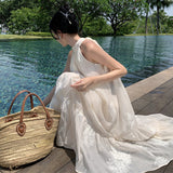 Plataz Summer Dress French Apricot Embroidered Hanging Neck Dress Sleeveless Shoulder Big Skirt Holiday Dress Dress