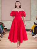 Plataz Red Dress 2025 Summer Banquet Sexy Out-Shoulder Bubble Sleeve Short-Sleeved Waist Dress Dress