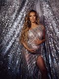 Plataz Summer Luxury Hot Diamond Pregnant Women Photo Dress Oblique Shoulder Slit Drill Pregnant Woman Photography Dress Maternity