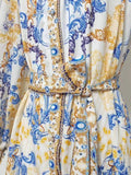 Plataz Famous Wind High-End Printing Small Collar Single Buckle Collar Buckle With Waist Long Dress