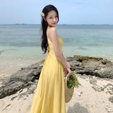 Plataz Yellow Bareback Strap Sling Sexy Dress Seaside Holiday Dress Waist And Ankle Beach Dress