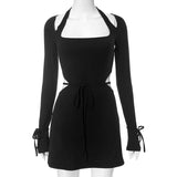 Plataz Women's Autumn And Winter New Long-Sleeved Collar Horn Sleeves Tied With Hottie Dress DJPT