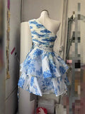 Plataz Oblique Shoulder Small Dress Holiday Wind Shoulder Pressure Folding With Hollow Print Ponbo Cake Skirt Skirt Tide
