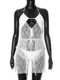 Plataz Women's Perspective Hollow Hanging Neck Sling Lace Skirt Suit DJPT