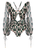 Plataz Clustered Swimsuit Women's Print Bikini Long-Sleeved Swimsuit Hot Lady Swimsuit DJPT